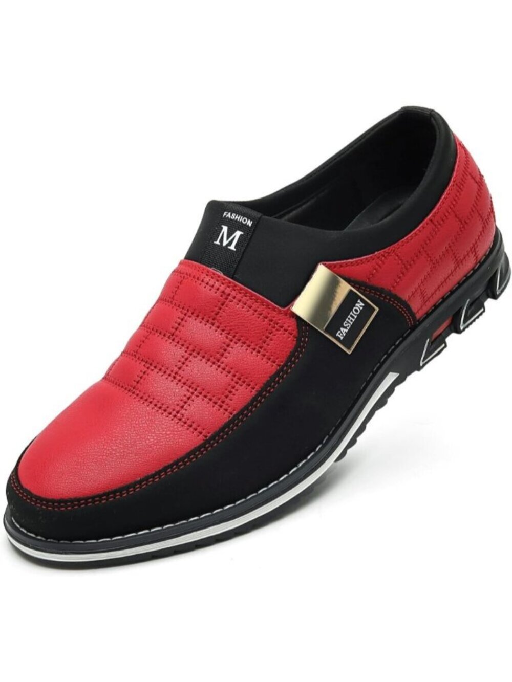 Men's Red Plaid Grid Gold Hardware Slip-on Business Loafer Leather Dress Shoes
